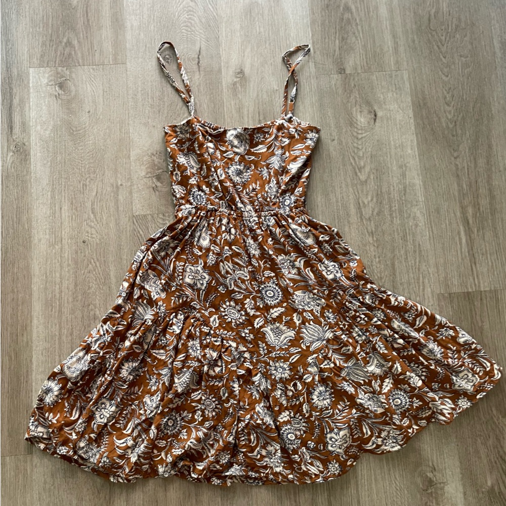 beachgold brown floral print mini summer sun dress size small